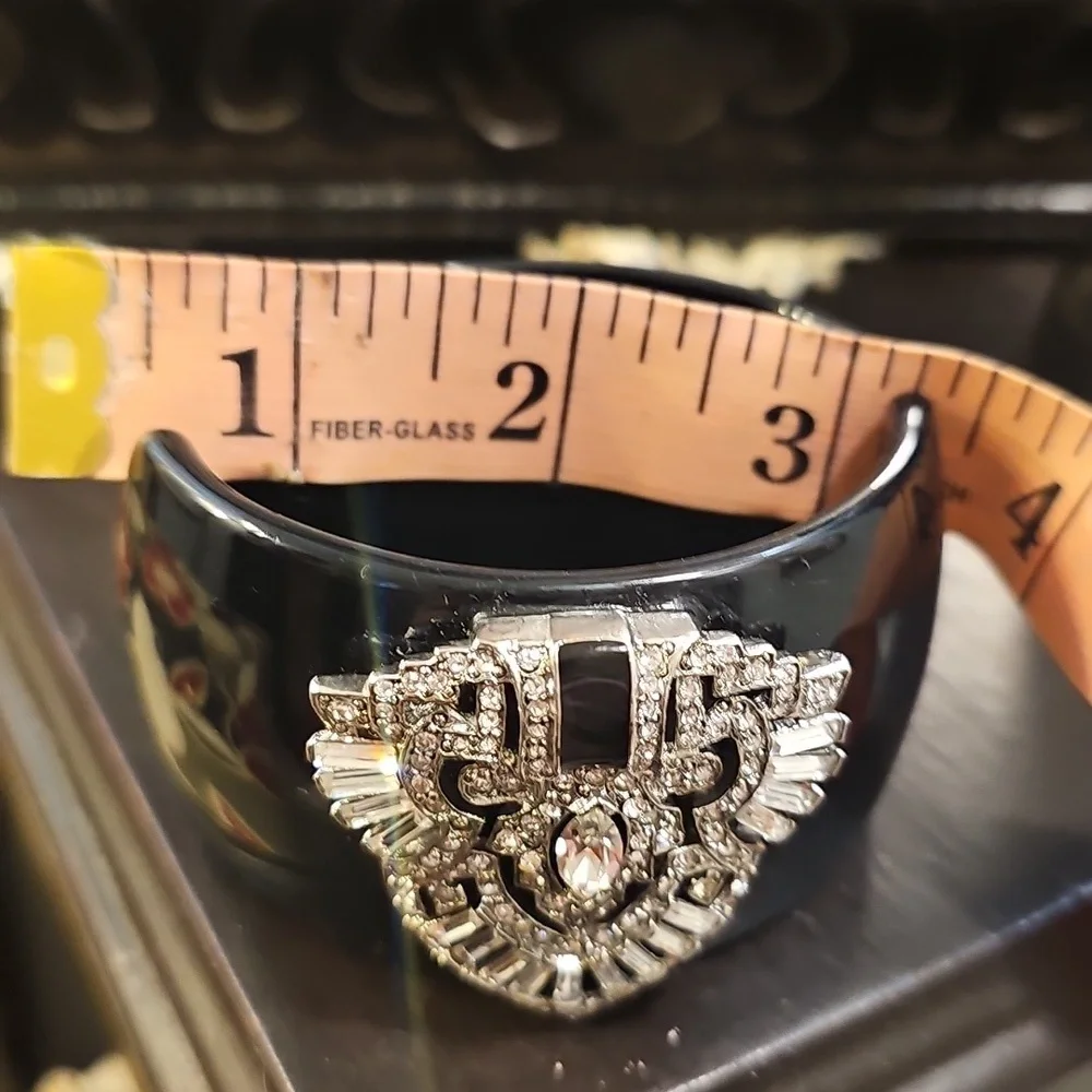 Kenneth Jay Lane Art Deco-Style Wide Cuff Braclet, Enamel & Rhinestone Medallion - Picture 7 of 15